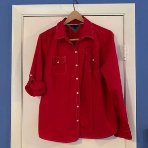 Vintage Tommy Hilfiger red button down shirt with white stitching